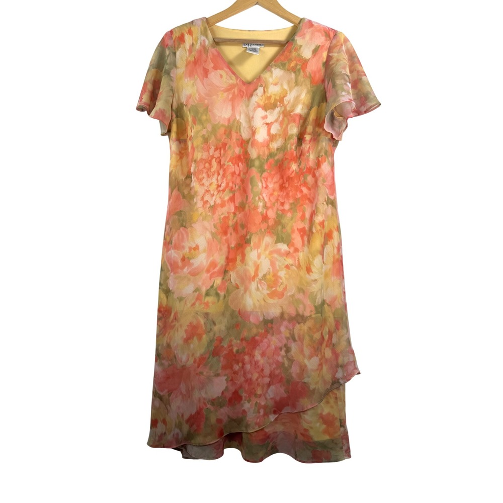 VTG Dressbarn Floral Print Flutter Sleeve‎ whimsical Midi Dress 90s Y2K 16W